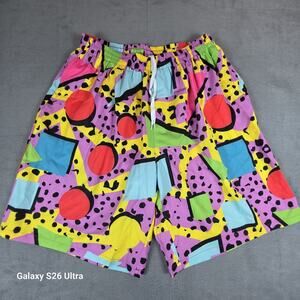 🔥 Retro 90s Neon Swim Trunks 2XL Mens Memphis Style Colorful Beach Shorts Lined
